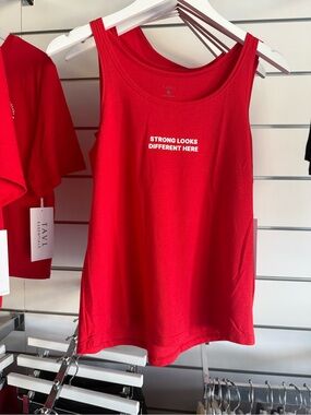 Pure Barre 25th anniversary Red Tank Top with "Strong Looks Different Here"